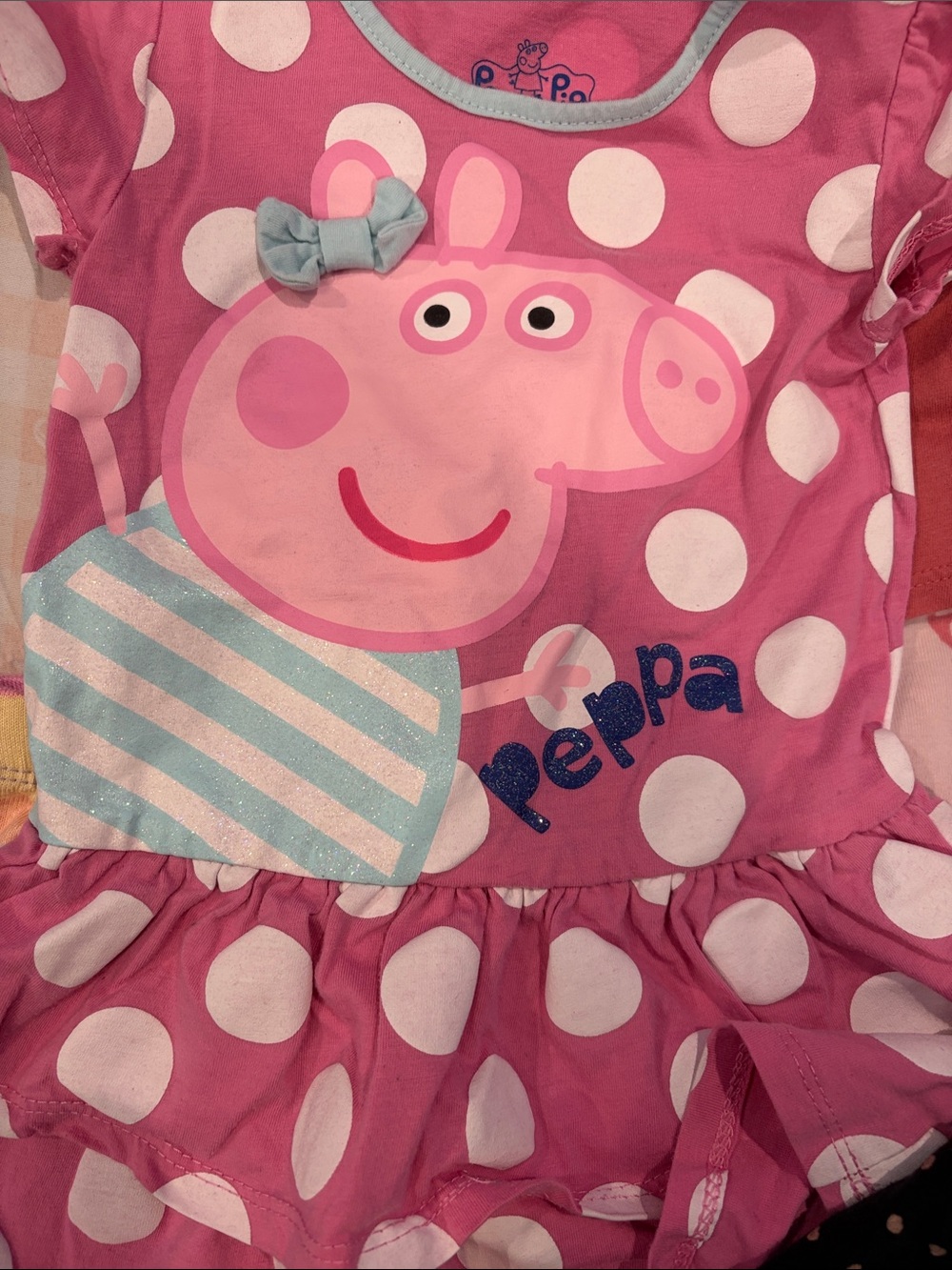 Peppa Pig Pink White Polka Dot Ruffle Dress with Blue Accent
